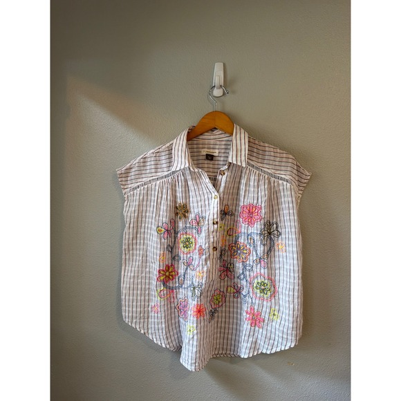 Pilcro by Anthropologie Tops - Pilcro by Anthropologie Floral Embroidered Striped Top Women Small Boho Linen